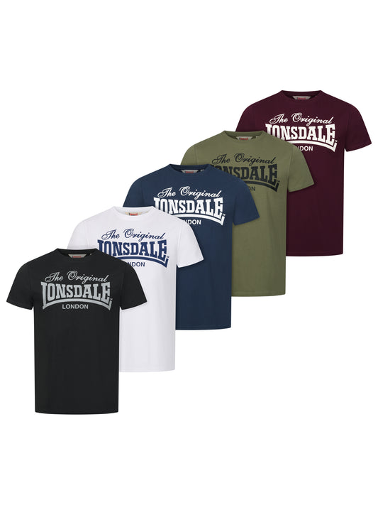 Lonsdale Herren T-Shirt im 5er-Pack aus Baumwolle mit Rundhalsausschnitt und Markenlogo auf der Brust. Set enthält fünf Shirts in Schwarz, Weiss, Navy, Olive und Oxblood.