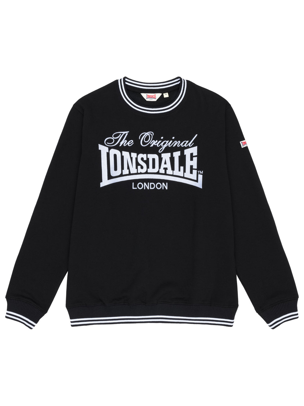 Schwarzes Lonsdale Herren-Sweatshirt mit grosser weisser Logo-Stickerei auf der Brust.
