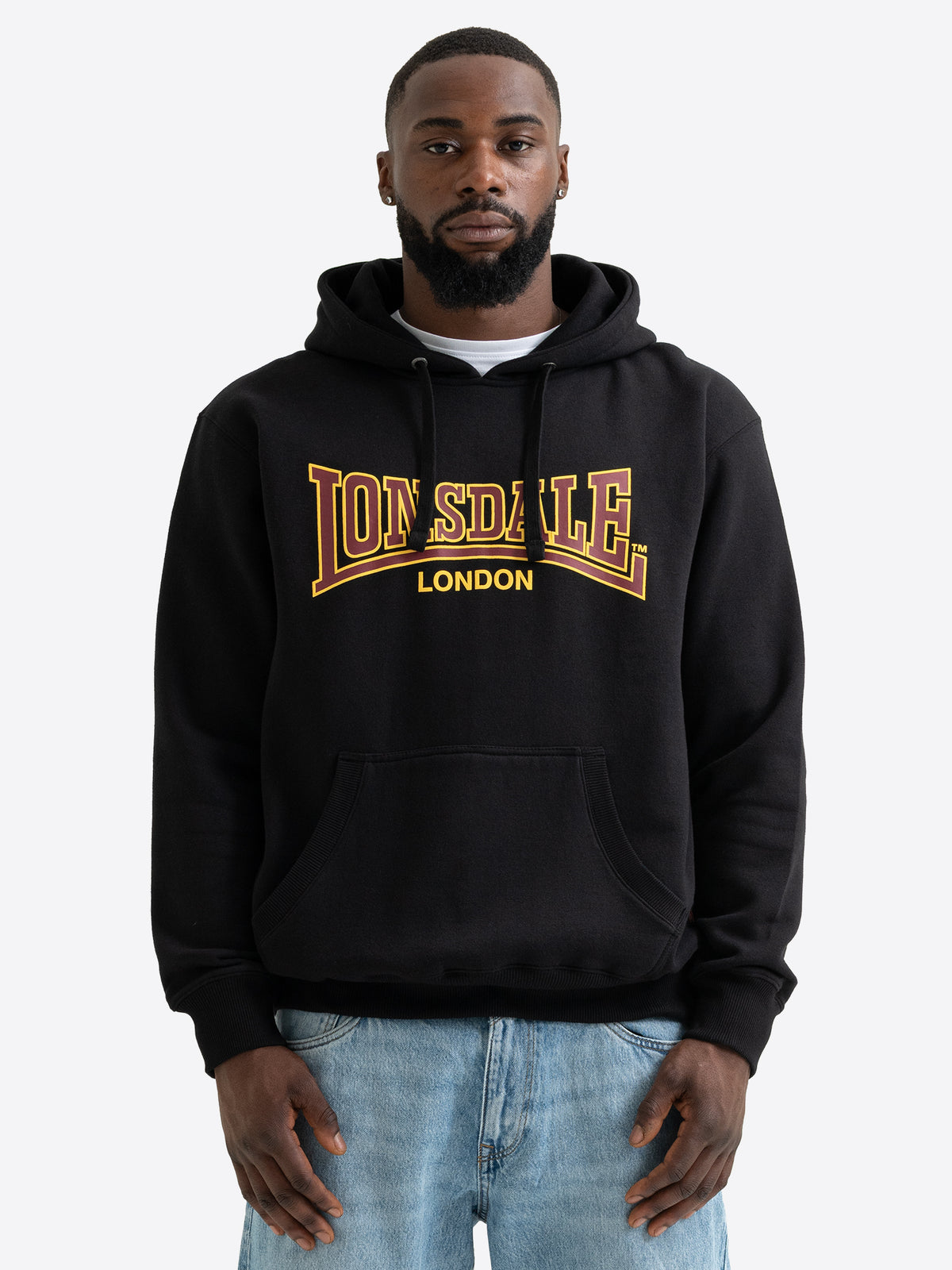 Schwarzer Lonsdale London Herren-Hoodie mit Logo-Print und Kängurutasche