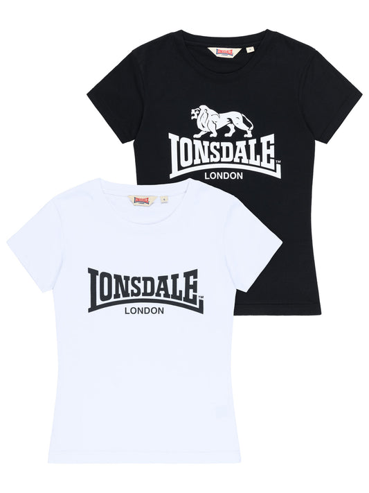 Lonsdale London Damen T-Shirt Doppelpack in Schwarz und Weiss mit klassischem Logo-Druck auf der Brust.