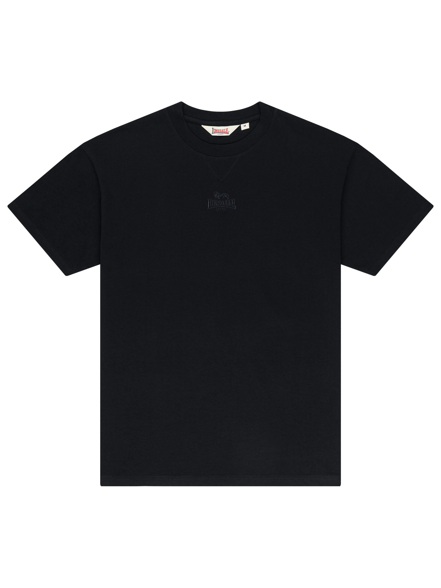 Schwarzes Lonsdale Oversize Herren T-Shirt mit dezenter Ton-in-Ton Logo-Stickerei von vorne.