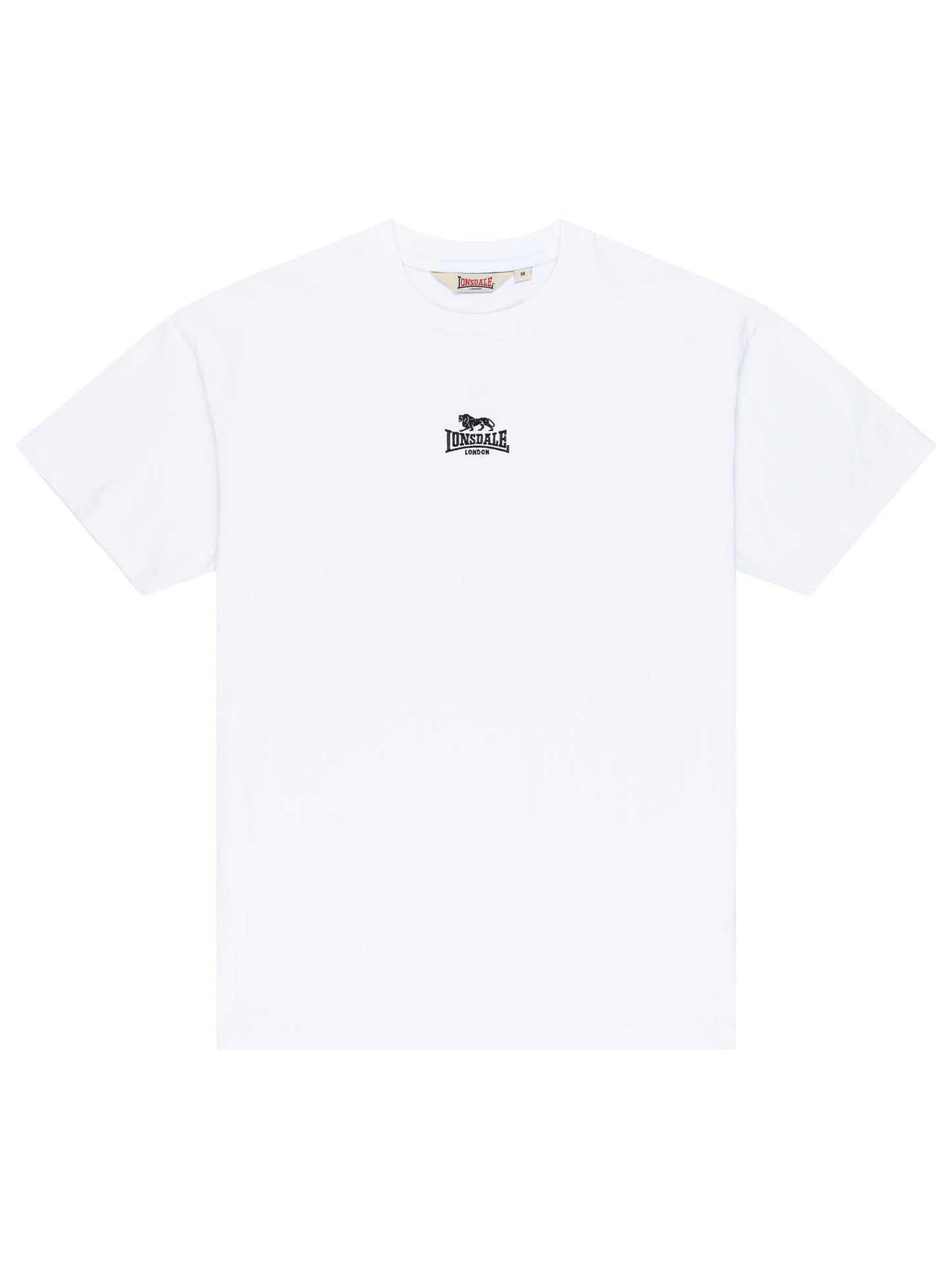 Weisses Lonsdale Oversize Herren T-Shirt mit kleiner schwarzer Logo-Stickerei von vorne.