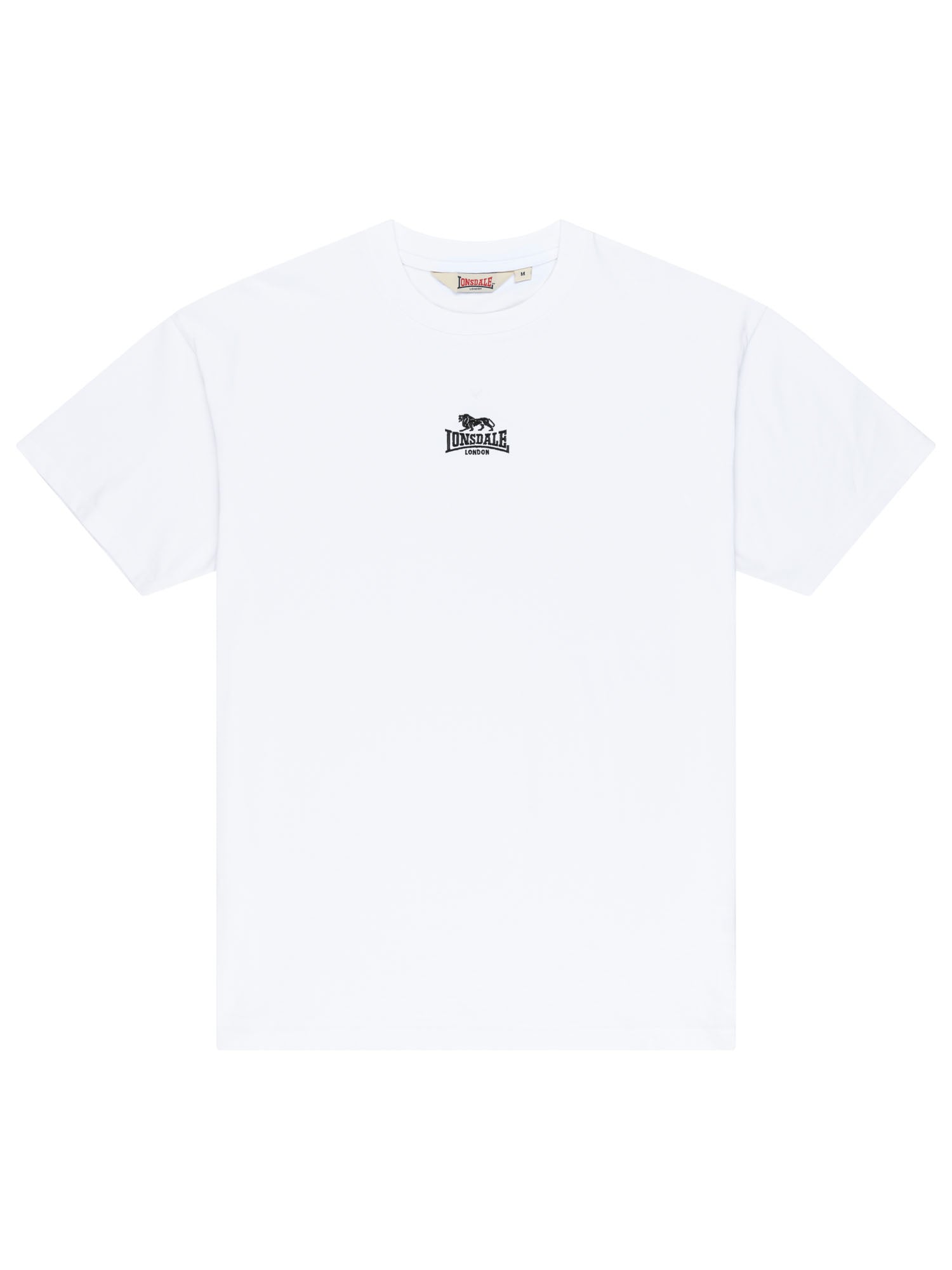 Weisses Lonsdale Oversize Herren T-Shirt mit kleiner schwarzer Logo-Stickerei von vorne.