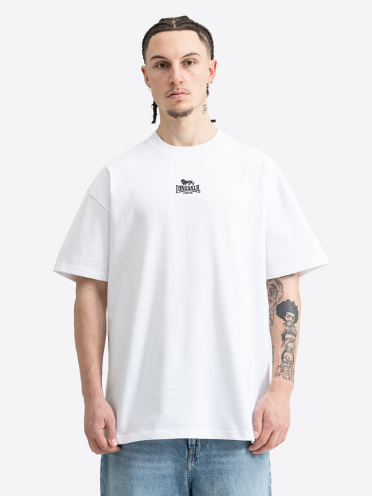 Weisses Lonsdale Oversize Herren T-Shirt mit kleiner schwarzer Logo-Stickerei von vorne.