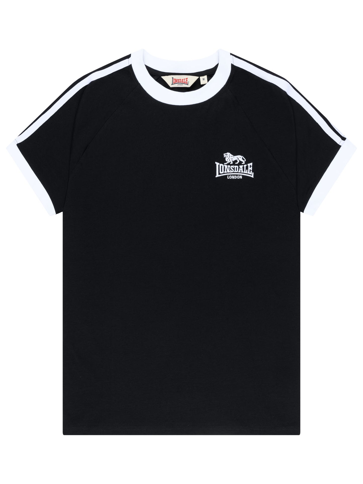 Schwarzes Lonsdale Herren T-Shirt in normaler Passform mit Streifen auf den Ärmeln und Logo-Stickerei.