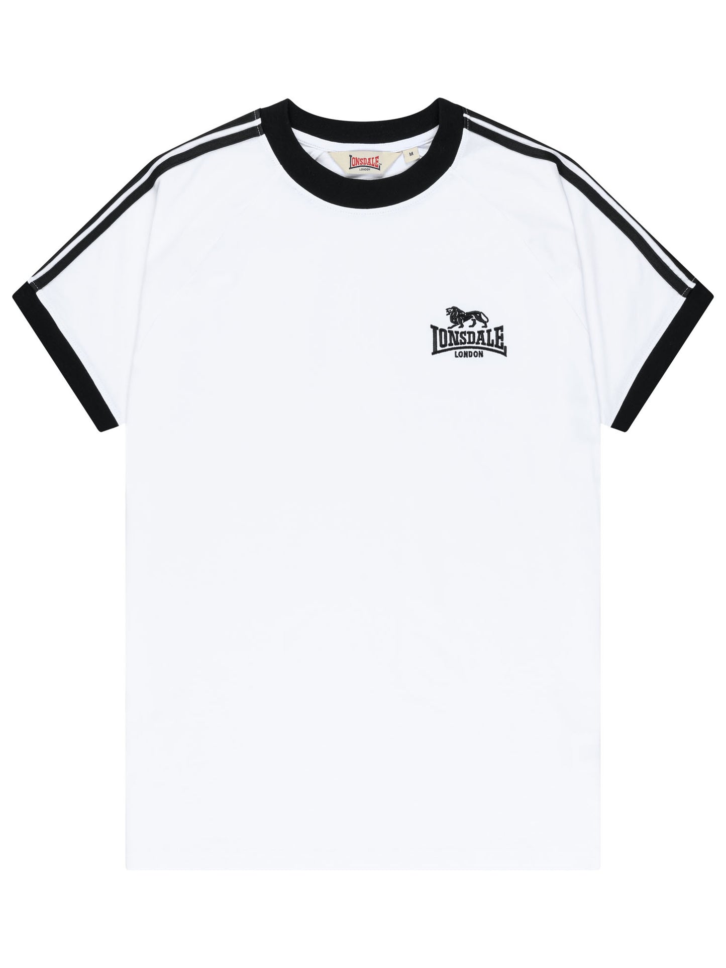 Weisses Lonsdale Herren T-Shirt in normaler Passform mit Streifen auf den Ärmeln und Logo-Stickerei.