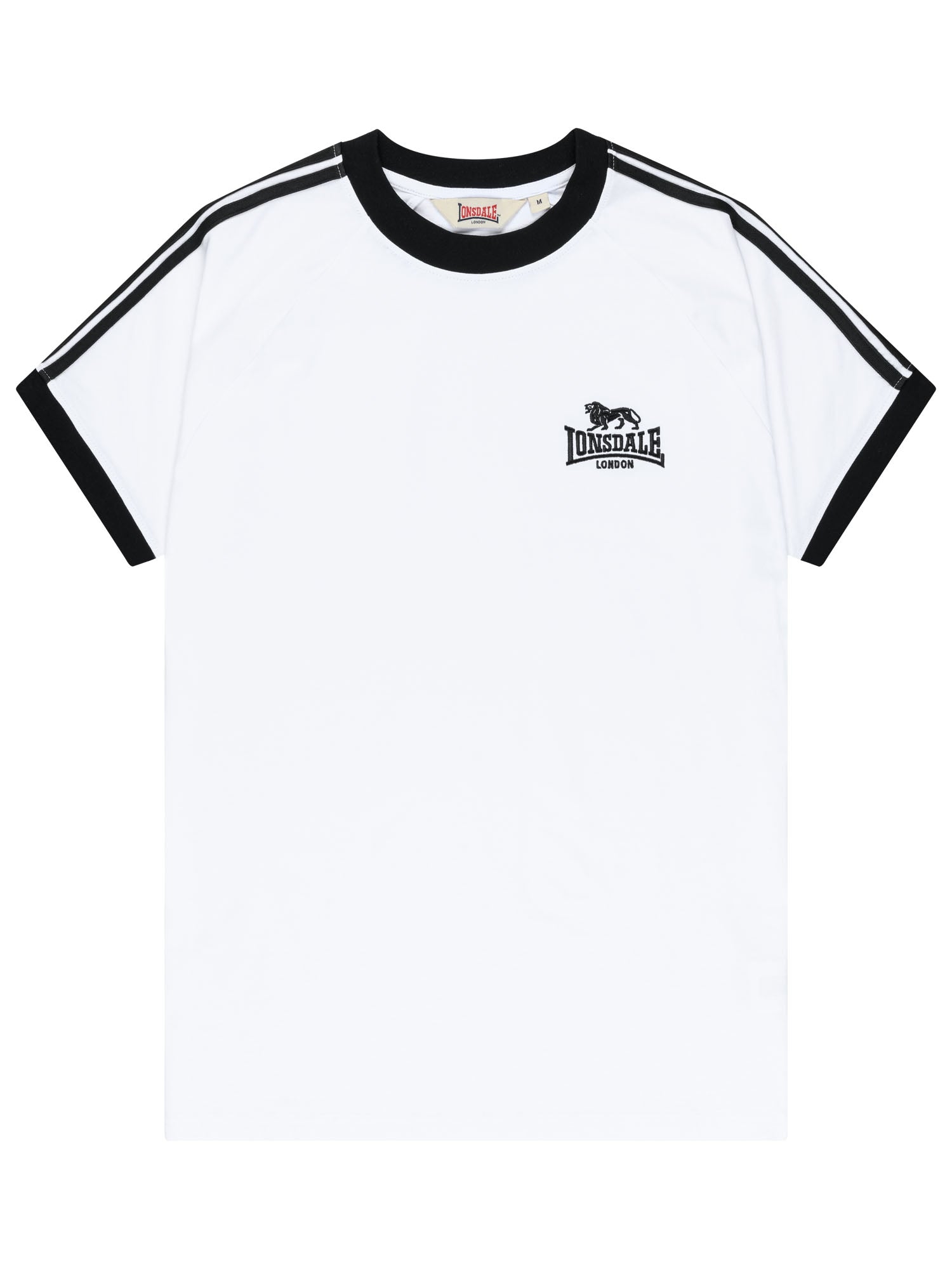 Weisses Lonsdale Herren T-Shirt in normaler Passform mit Streifen auf den Ärmeln und Logo-Stickerei.