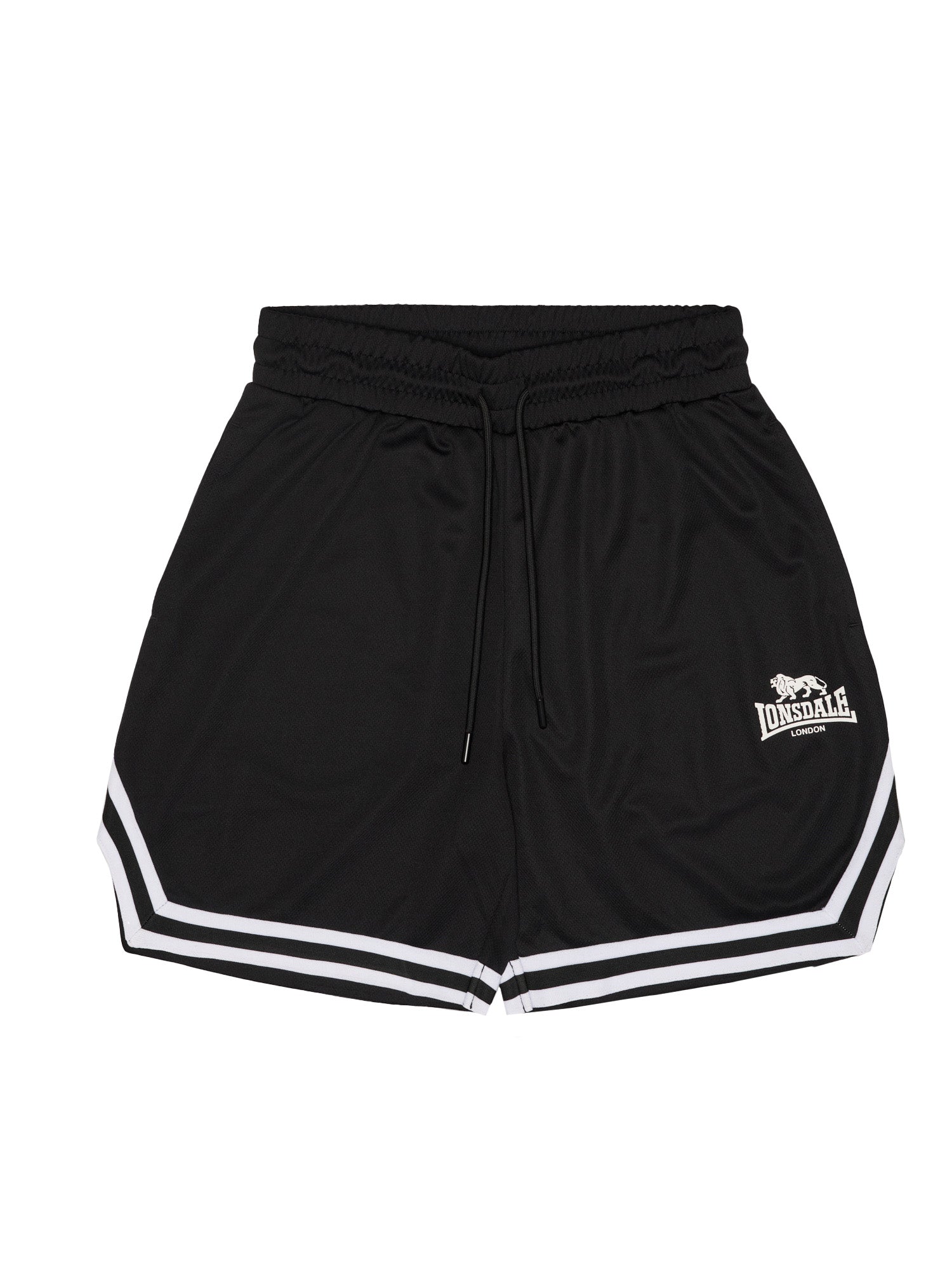 Schwarze Lonsdale Unisex-Shorts mit Logo-Print und weissem Strickband am Saum.