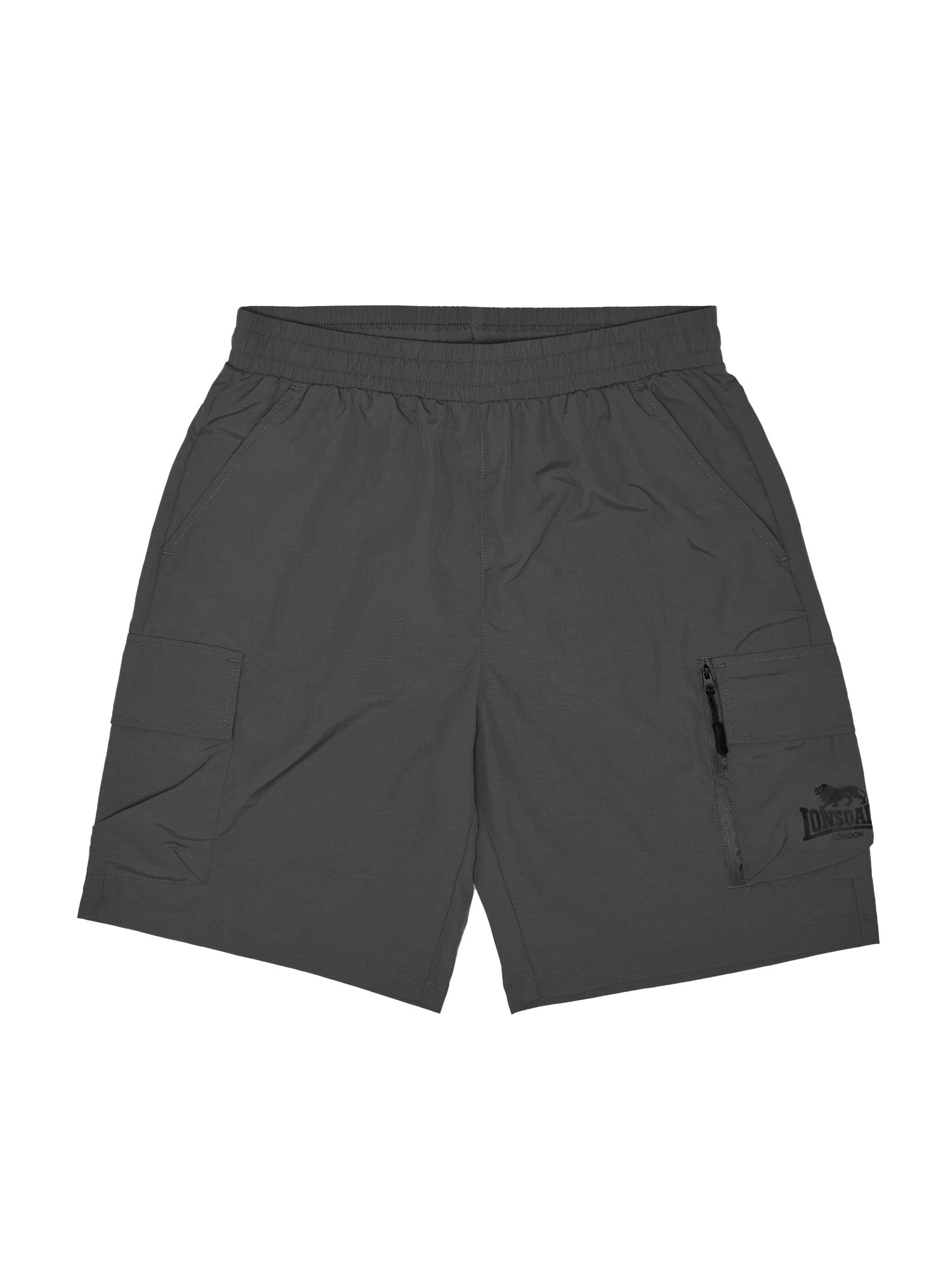 Anthrazitfarbene Lonsdale Herren Cargo-Shorts mit Logo-Print am Bein.