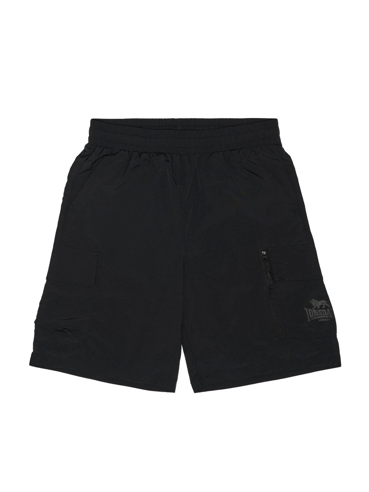 Schwarze Lonsdale Herren Cargo-Shorts mit Logo-Print auf der Beintasche.