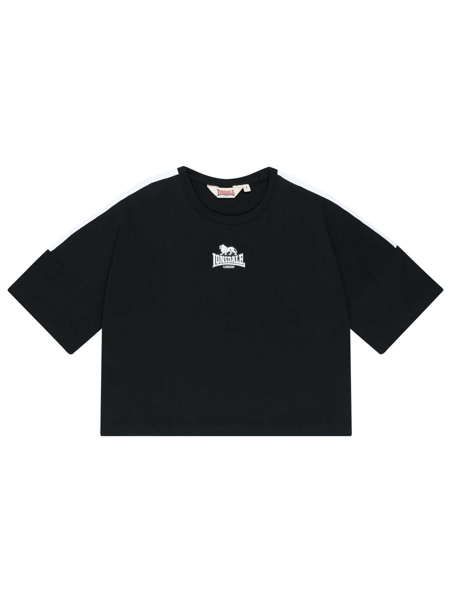 Lonsdale Damen Oversize T-Shirt Schwarz – Cropped Shirt mit weissem Logo-Druck.