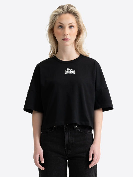 Lonsdale Damen Oversize T-Shirt Schwarz – Cropped Shirt mit weissem Logo-Druck.