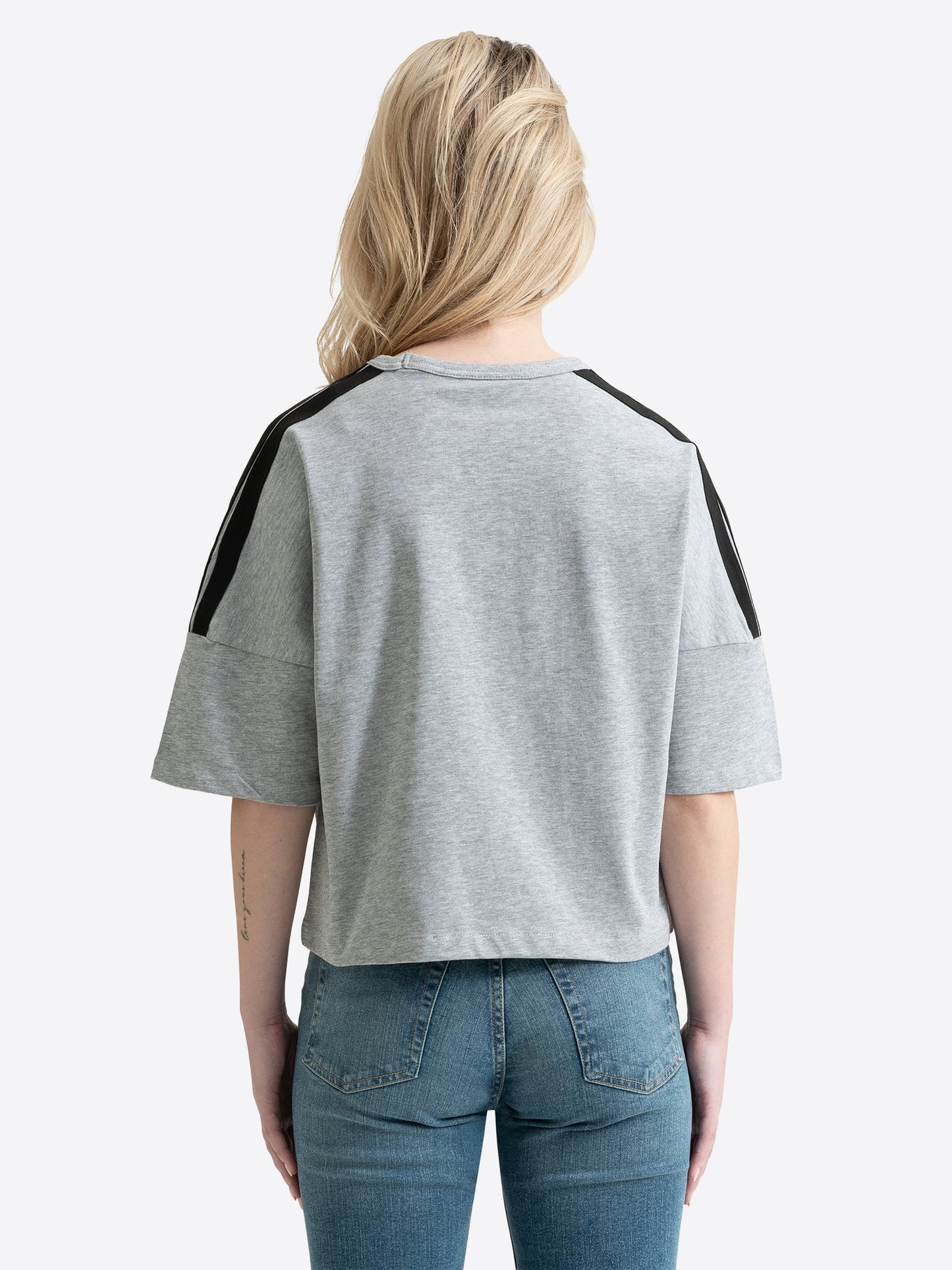 Lonsdale Damen Cropped T-Shirt Grau meliert – Rückansicht mit schwarzen Schulterstreifen.