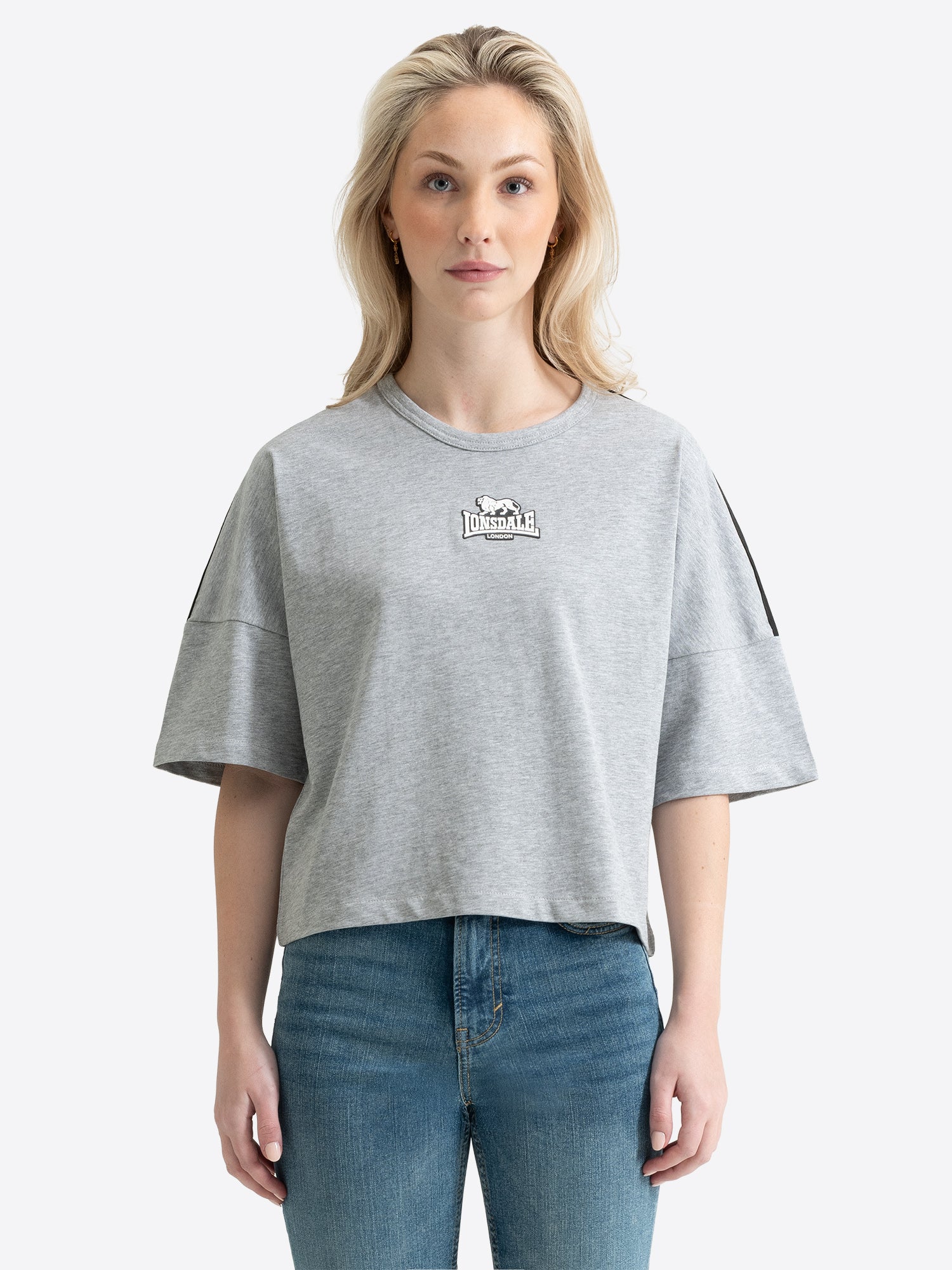 Lonsdale Damen Oversize T-Shirt in Grau meliert – Cropped Shirt Marl Grey mit Logo-Druck.
