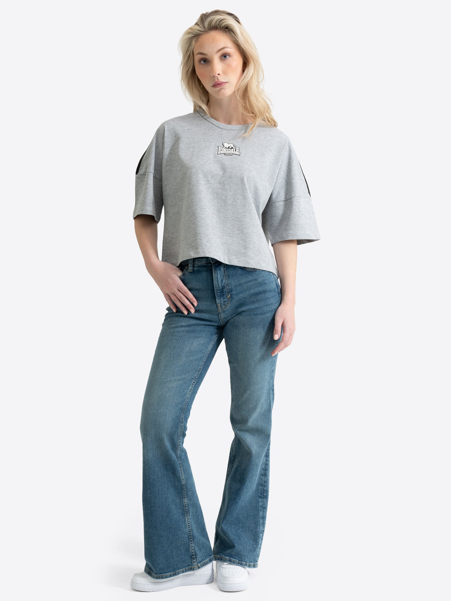 Lonsdale Damen Oversize T-Shirt in Grau meliert – Cropped Shirt Marl Grey mit Logo-Druck.