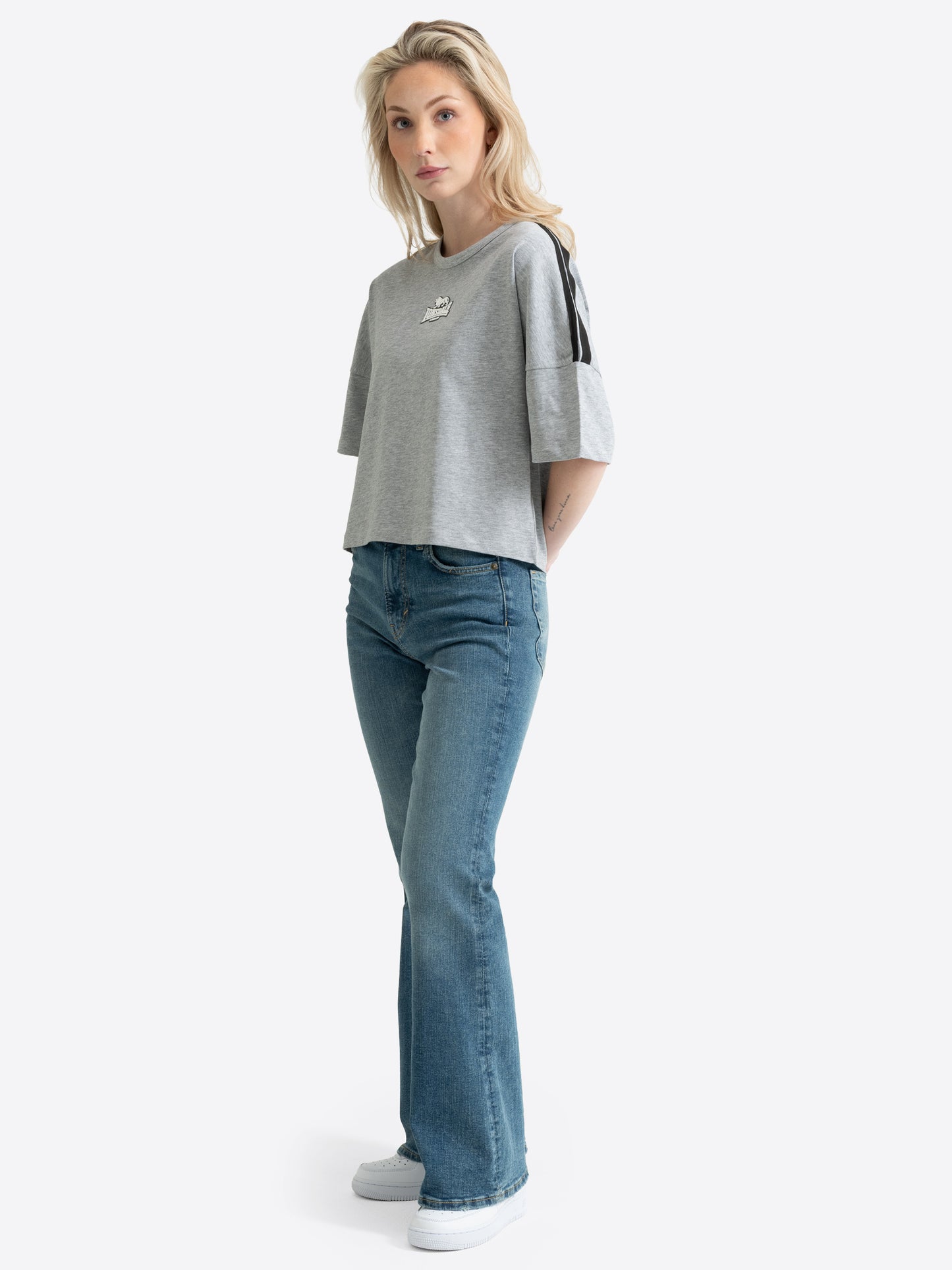 Lonsdale Damen Oversize T-Shirt in Grau meliert – Cropped Shirt Marl Grey mit Logo-Druck.