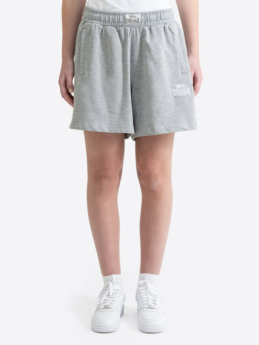 Meliert graue Lonsdale London Damen-Shorts aus French Terry Baumwolle mit Seitentaschen und Logo-Stickerei.