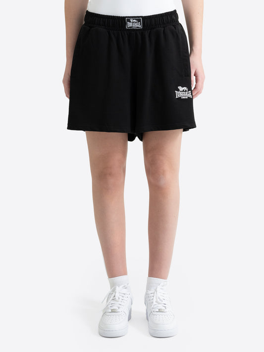 Schwarze Lonsdale Damen-Shorts aus French Terry Baumwolle mit Seitentaschen und Logo-Stickerei.