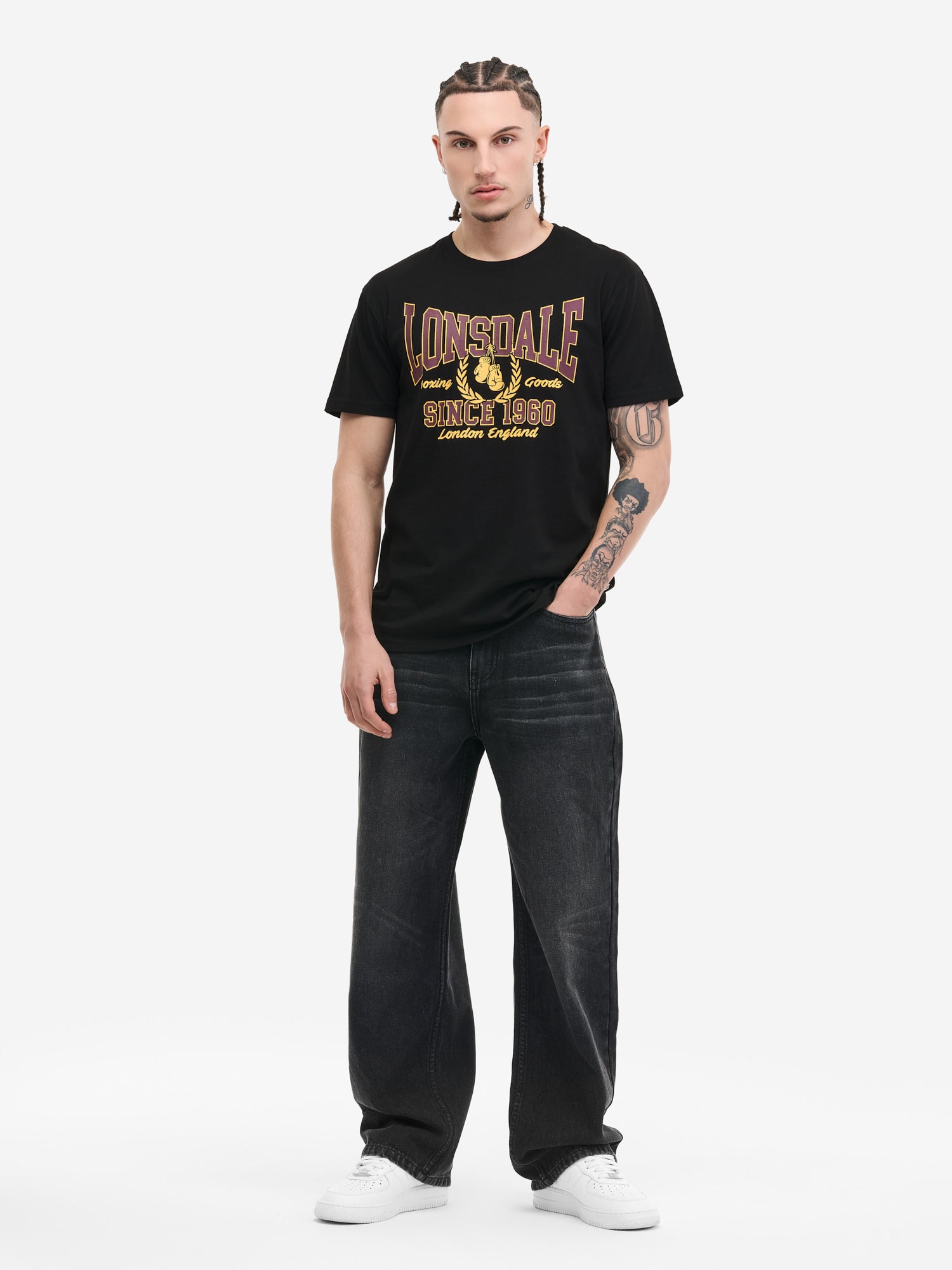 Lonsdale Herren T-Shirt Schwarz mit grossem Logo-Print, normale Passform.
