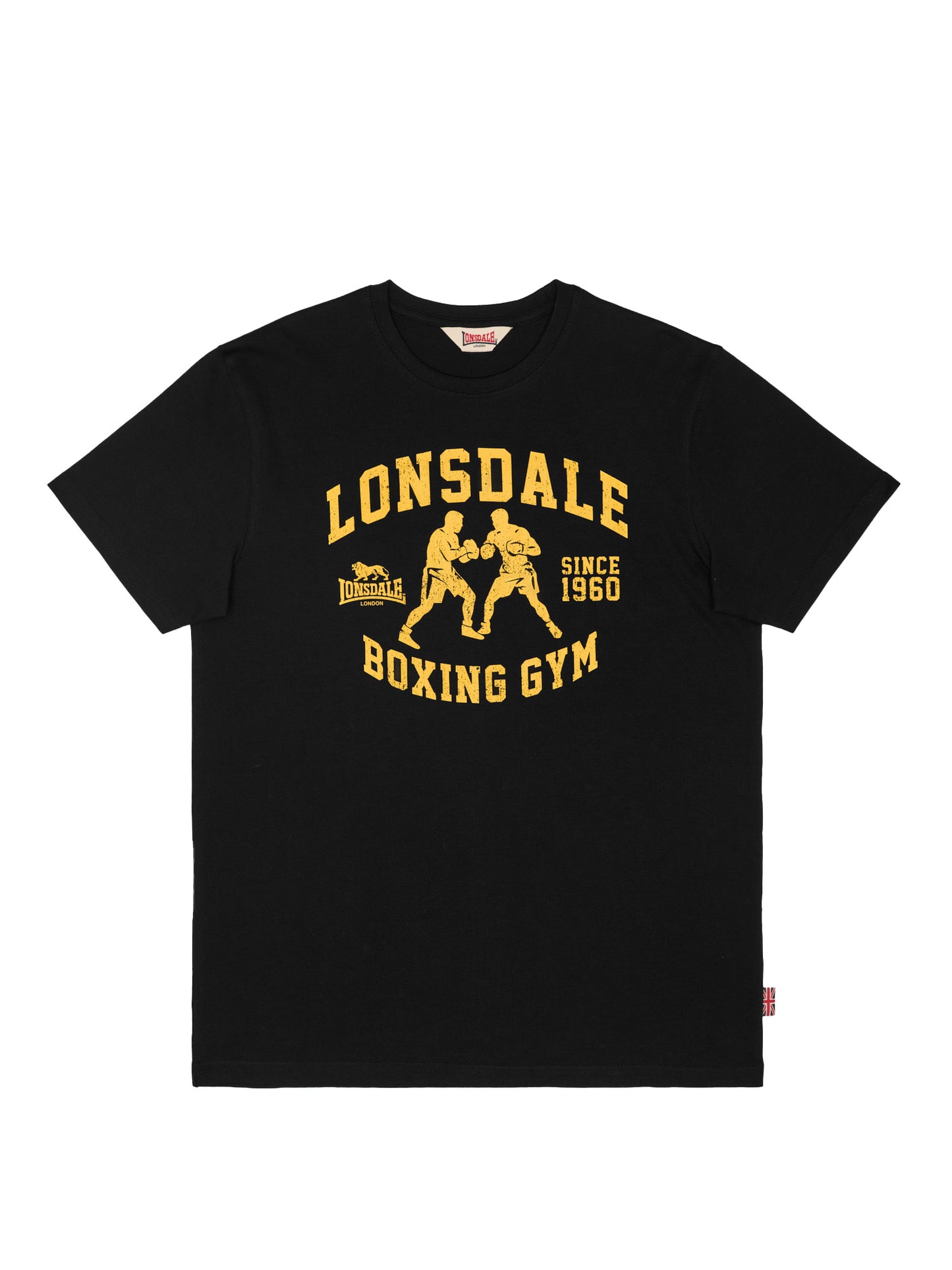 Schwarzes Lonsdale Herren T-Shirt mit gelbem Boxing Gym Logo-Print und Boxer-Motiv auf der Brust.