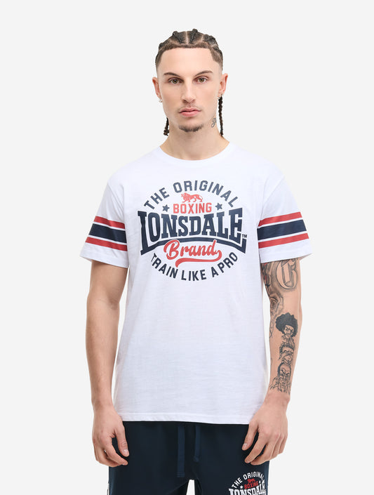 Vorderansicht: Weisses Lonsdale Herren T-Shirt Barton mit Logo-Print und Ärmelstreifen.