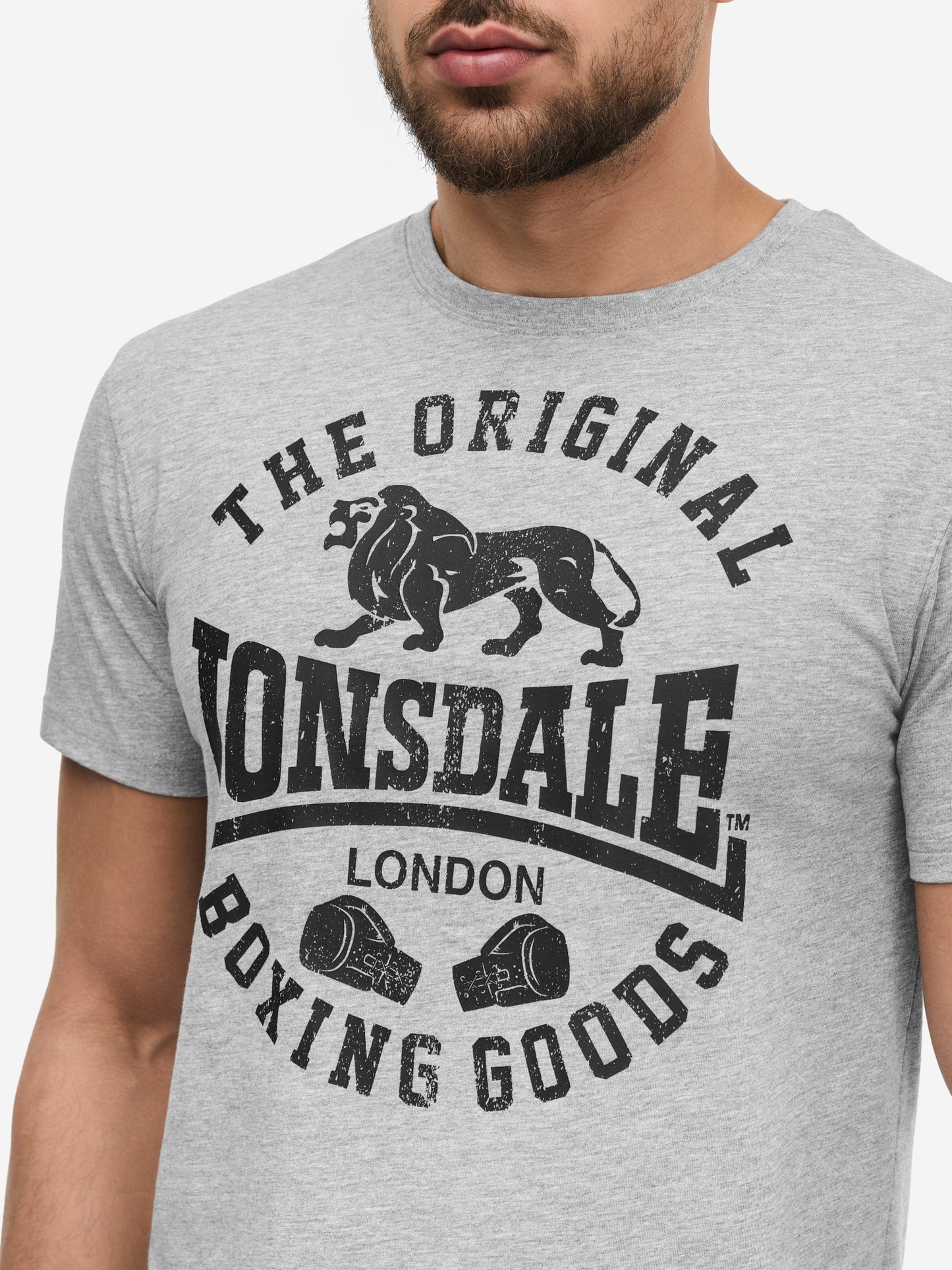 Grosser Lonsdale London Logo-Druck und Union-Jack-Label an der Seitennaht Marl Grey.
