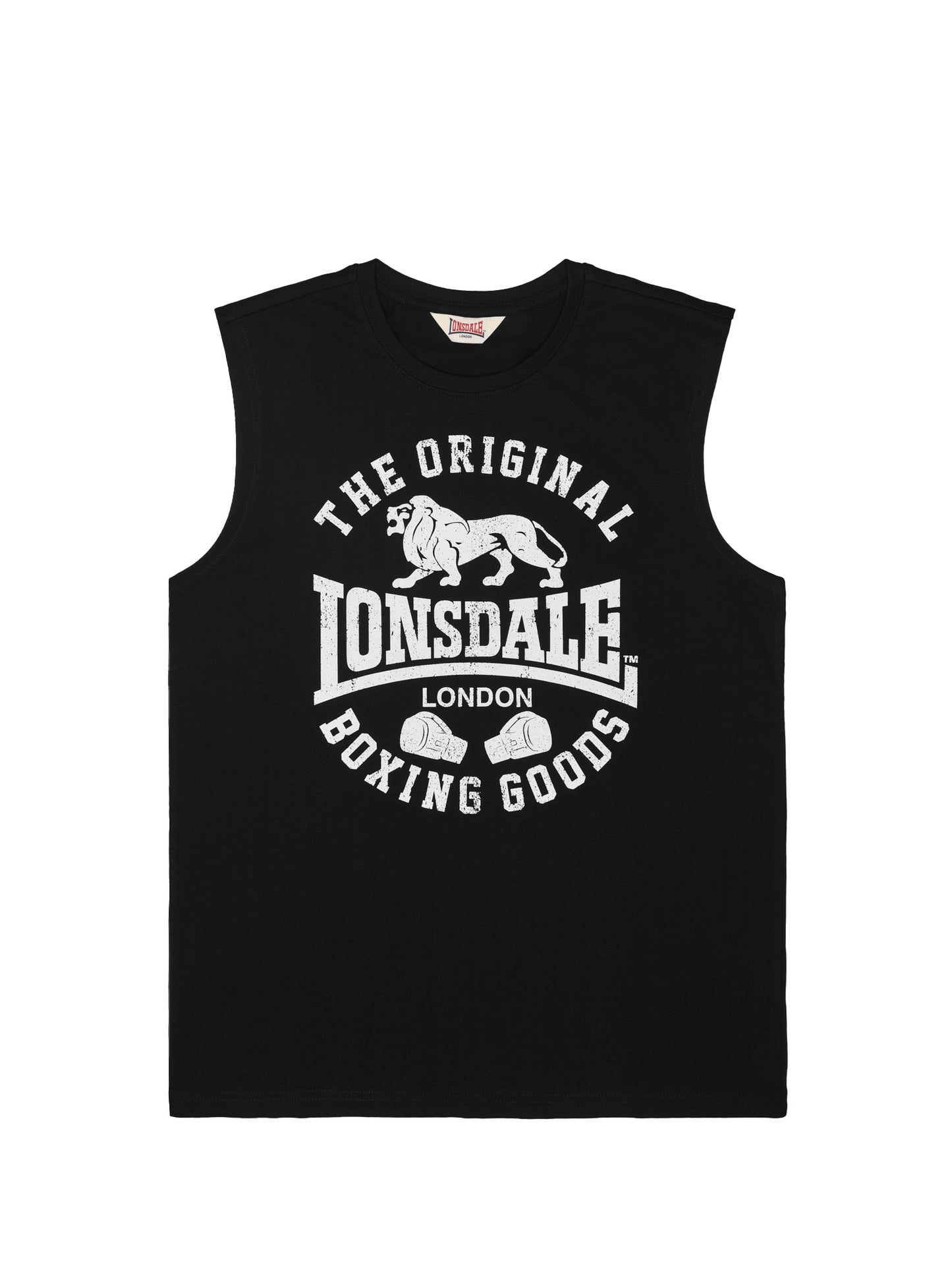 Schwarzes Lonsdale Herren Singlet (ärmelloses T-Shirt) in normaler Passform mit großem Logo-Print in Vintage-Optik auf der Brust.