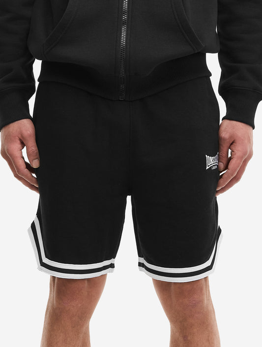 Schwarze Herren-Shorts, Lonsdale-Stickerei, Kordelzug & Kontrastsäume.