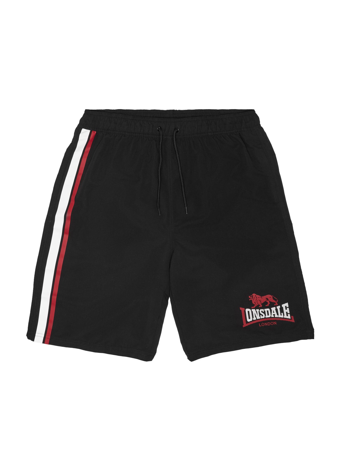 Schwarze Lonsdale Herren Beachshorts mit weissem Logo-Print links und Kontraststreifen rechts.