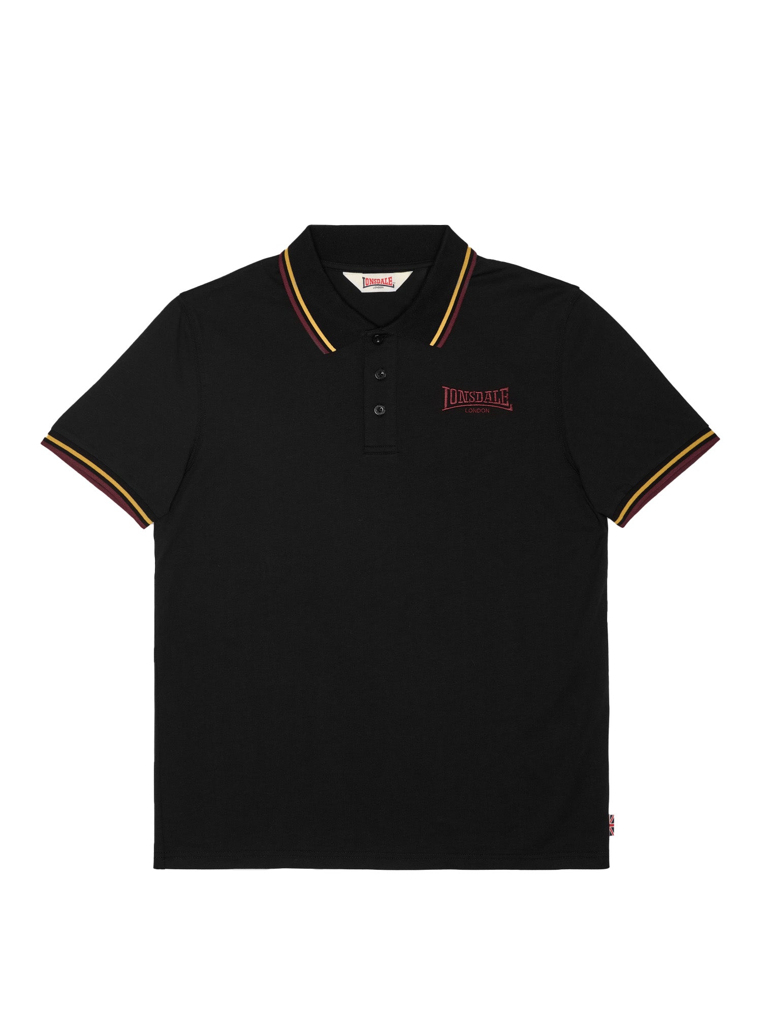 Schwarzes Lonsdale Poloshirt in normaler Passform mit Knopfleiste und heller Löwenstickerei auf der Brust.