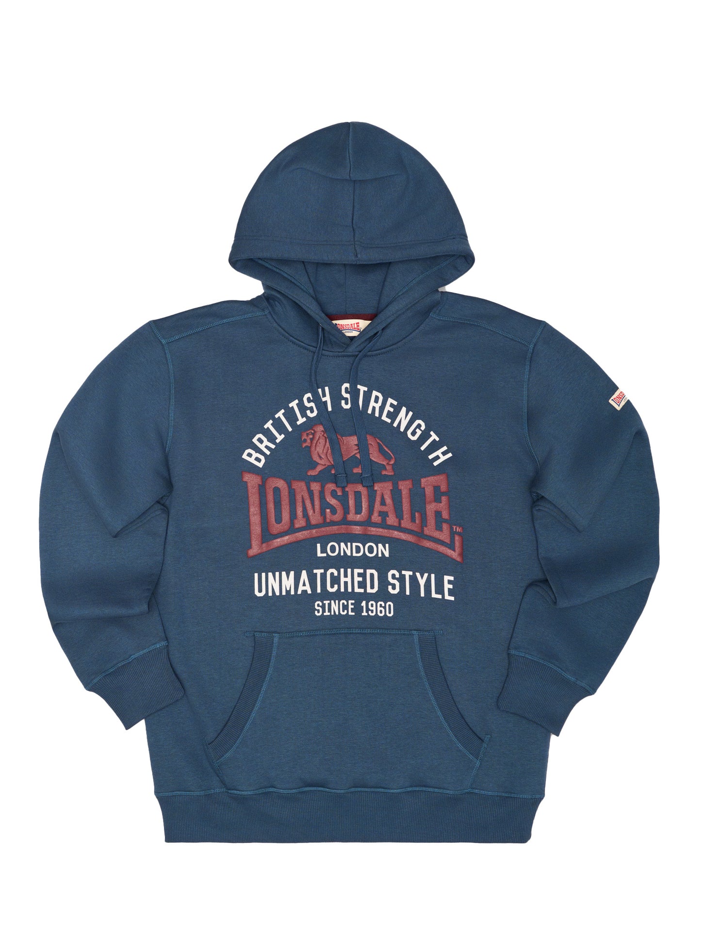 Dunkelblaues Lonsdale Herren Hoodie mit grossem rotem Logo-Print und Ziernähten auf der Front.