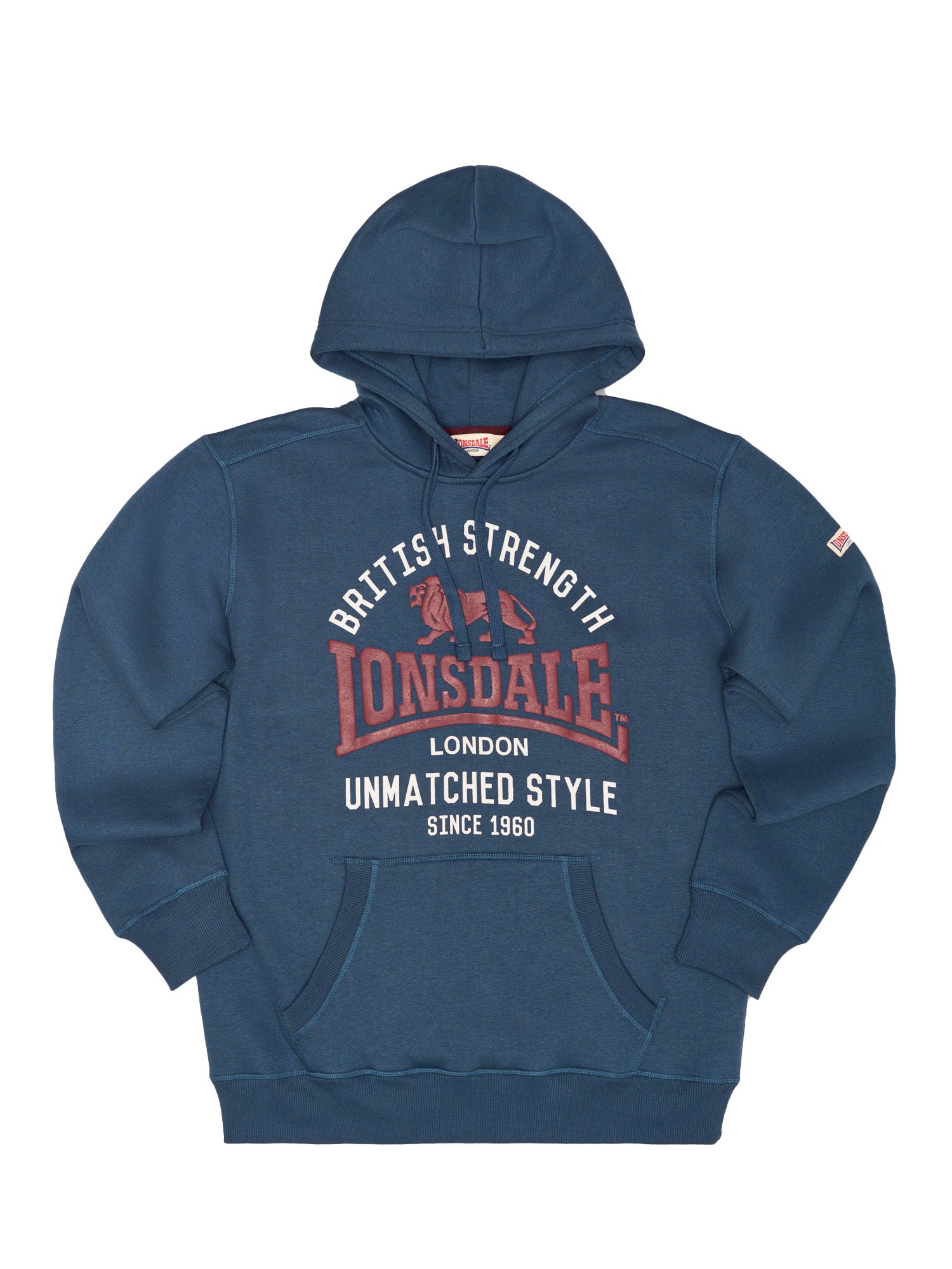 Dunkelblaues Lonsdale Herren Hoodie mit grossem rotem Logo-Print und Ziernähten auf der Front.