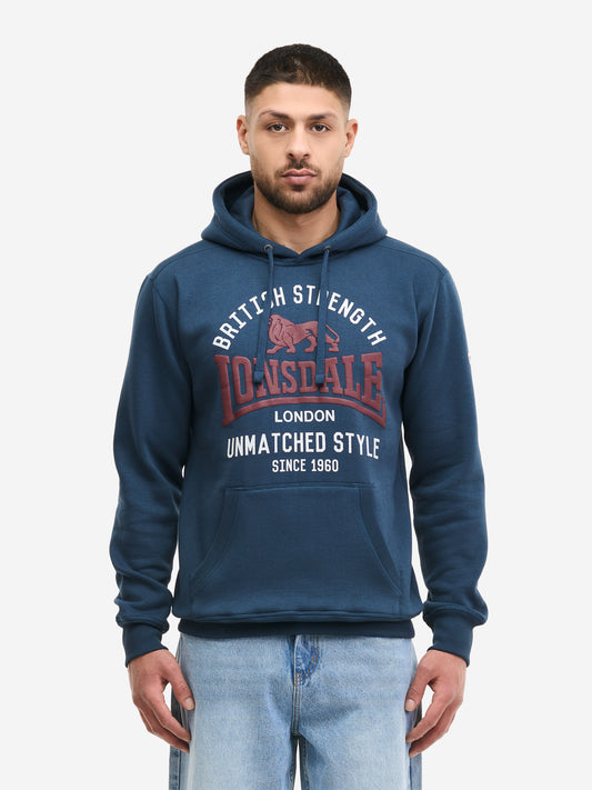 Dunkelblaues Lonsdale Herren Hoodie mit grossem rotem Logo-Print und Ziernähten auf der Front.