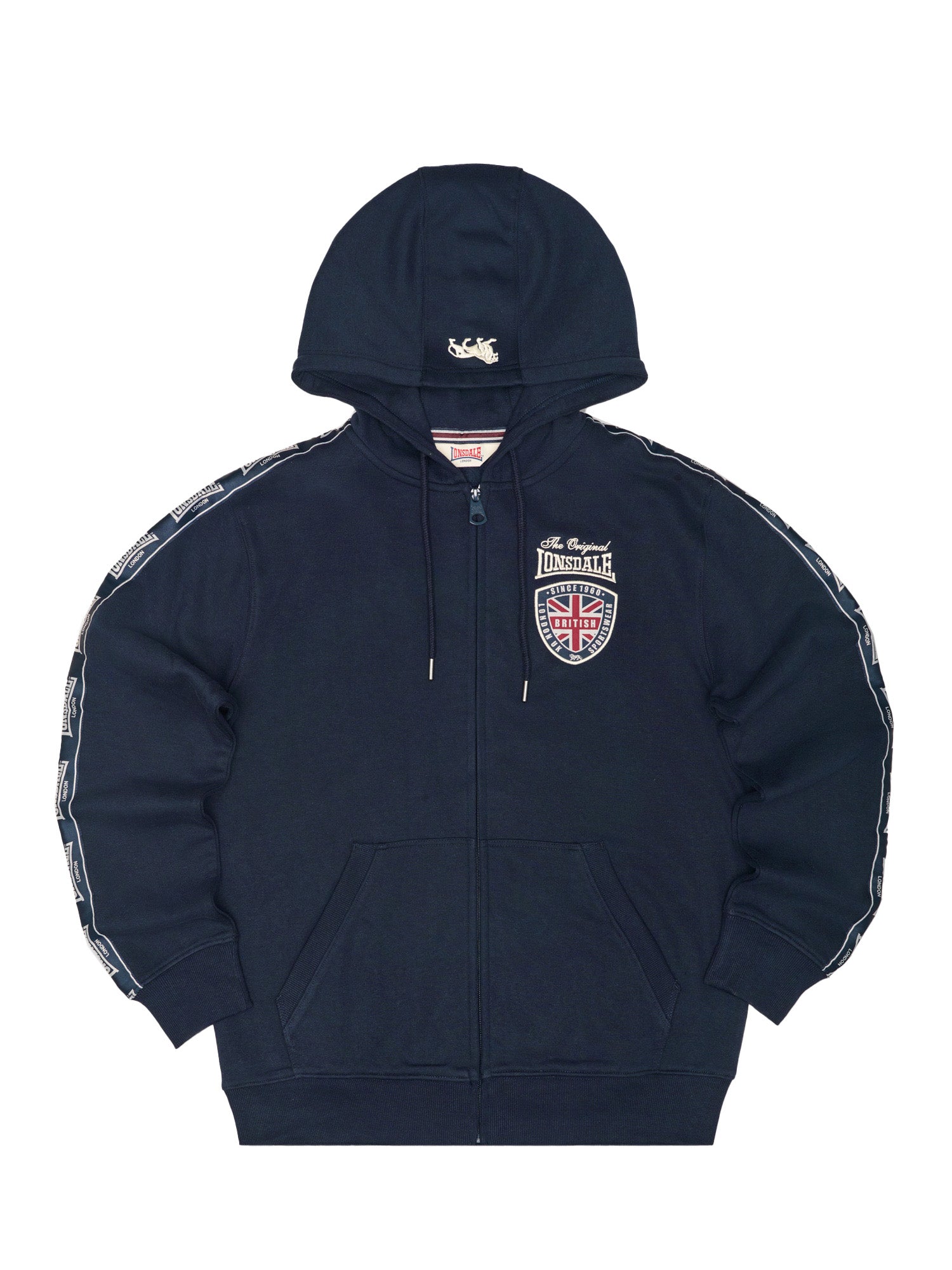 Schwarze Lonsdale Herren Sweatjacke mit roter Logo-Stickerei, Patch auf der Brust und Logo-Tape an den Ärmeln.