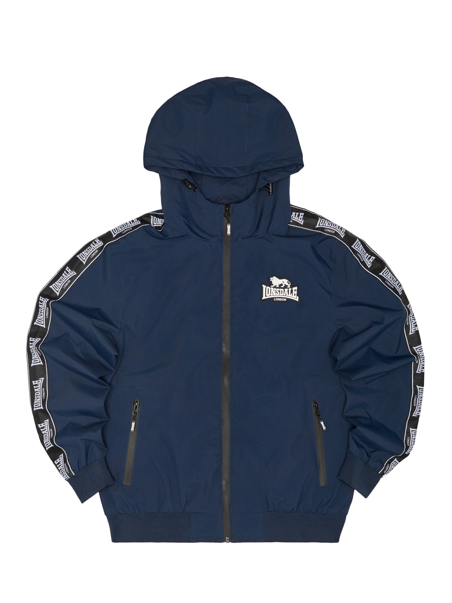 Lonsdale Herren Kapuzenjacke in Navy, normale Passform, mit Reissverschluss und Logo-Badge auf der Brust.
