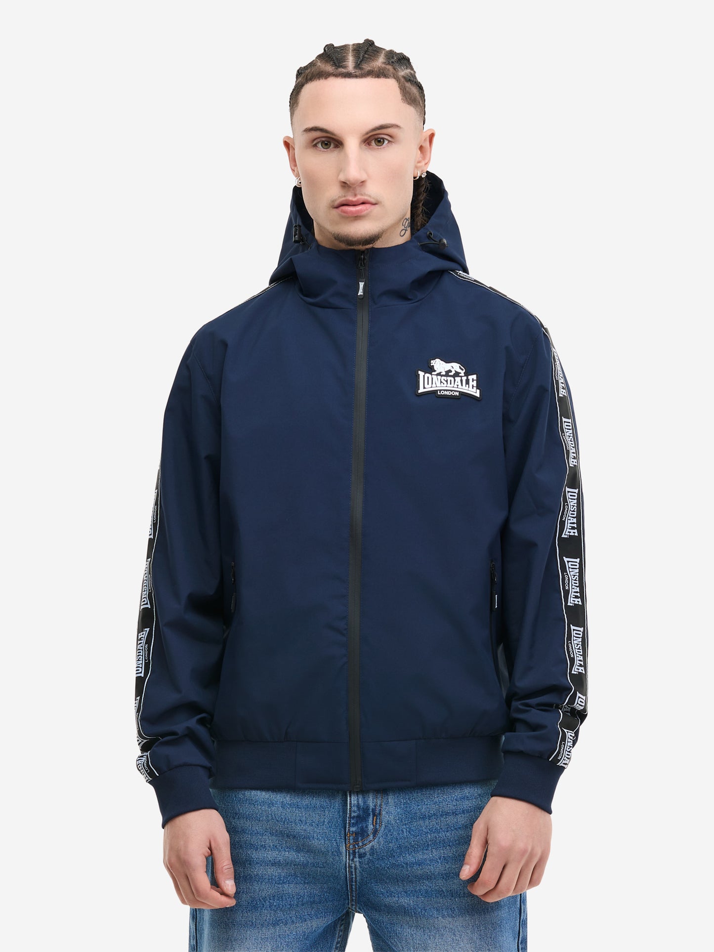 Lonsdale Herren Kapuzenjacke in Navy, normale Passform, mit Reissverschluss und Logo-Badge auf der Brust.