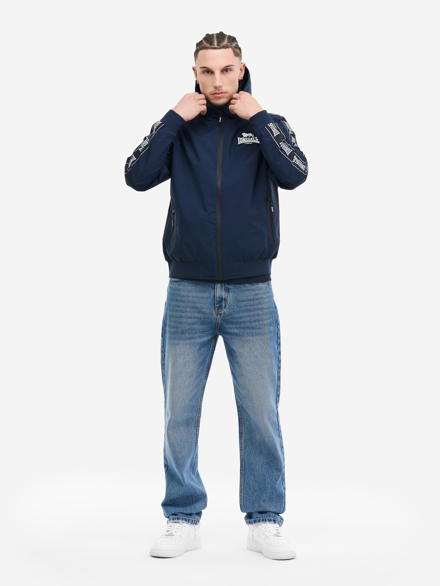 Lonsdale Herren Kapuzenjacke in Navy, normale Passform, mit Reissverschluss und Logo-Badge auf der Brust.