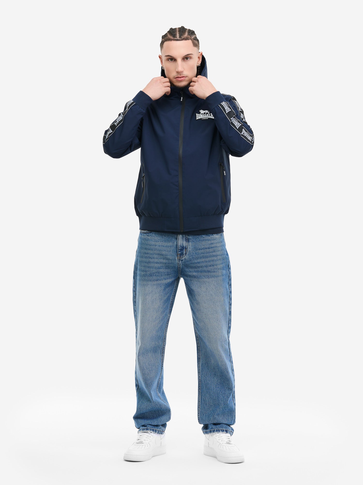 Lonsdale Herren Kapuzenjacke in Navy, normale Passform, mit Reissverschluss und Logo-Badge auf der Brust.