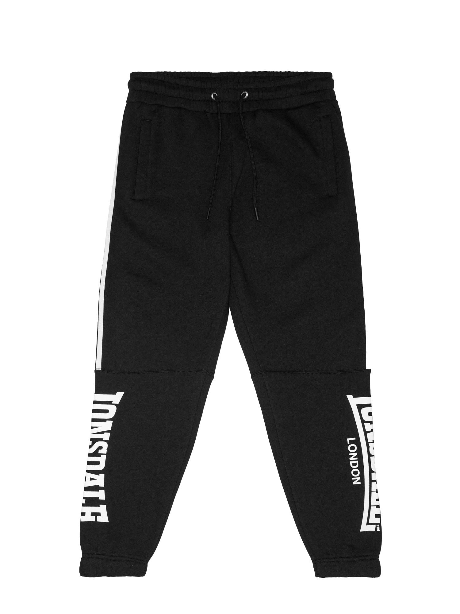 Schwarze Lonsdale Jogginghose für Herren in Regular Fit. Fleece-Stoff mit seitlichen Streifen und markantem Logo-Detail.