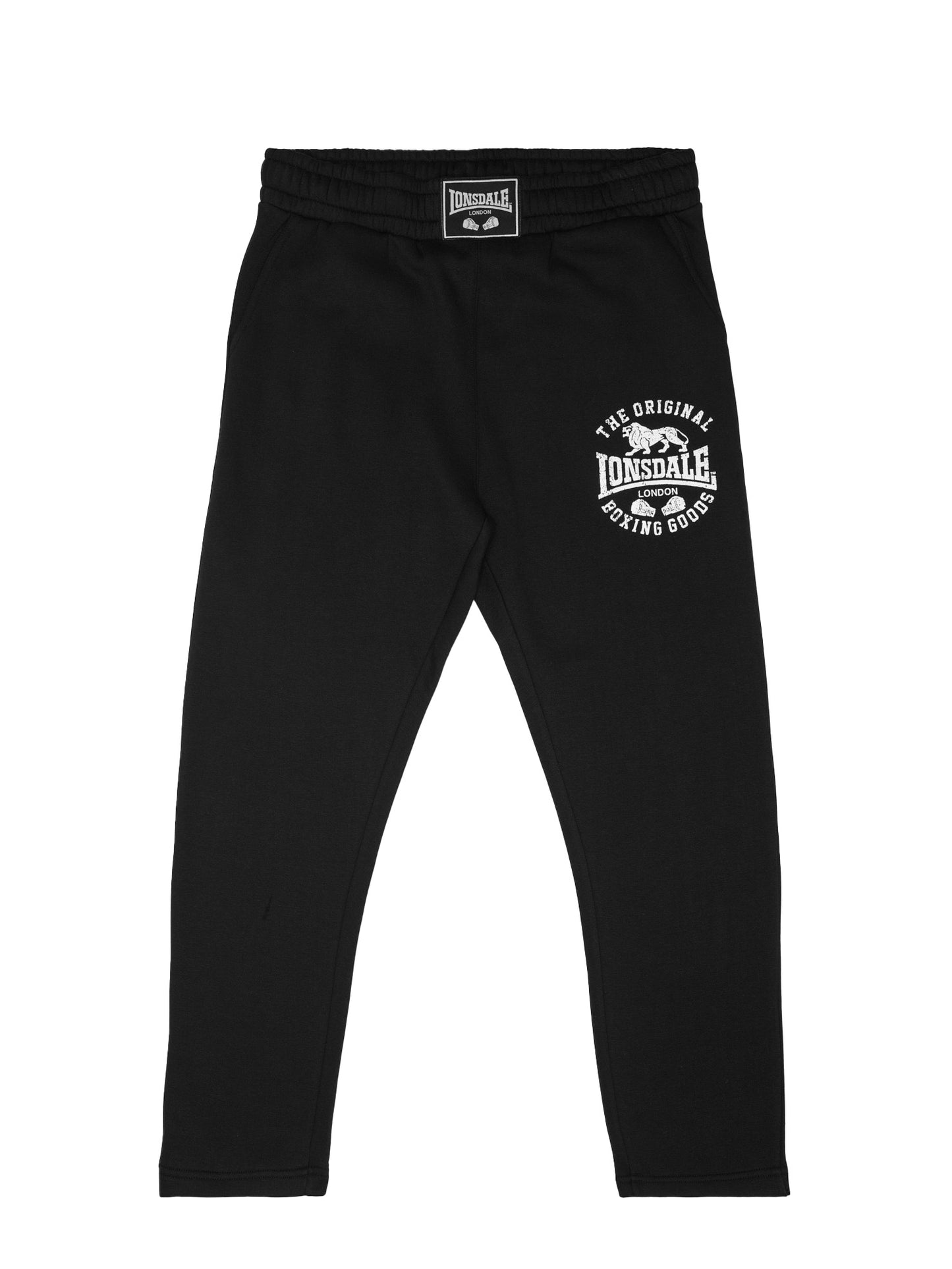 Schwarze Lonsdale Herren-Jogginghose mit weissem Logo-Print am Bein.