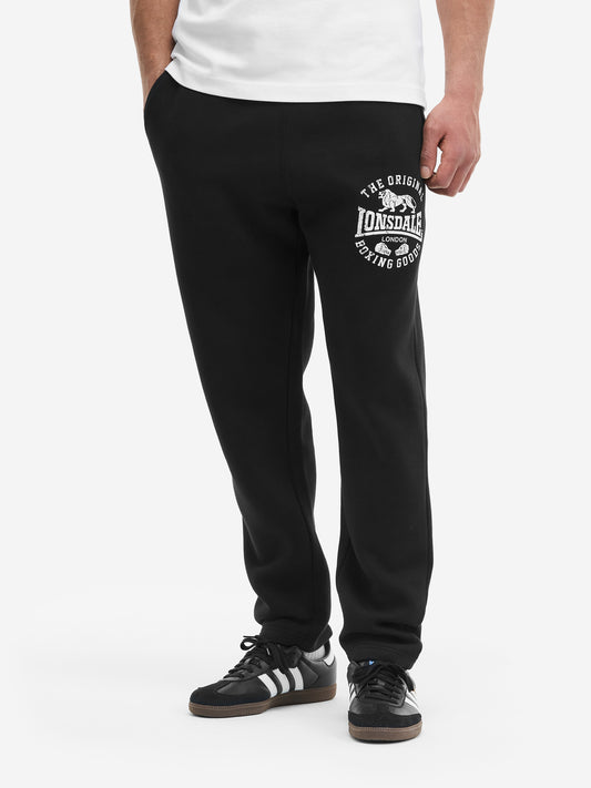 Schwarze Lonsdale Herren-Jogginghose mit weissem Logo-Print am Bein.