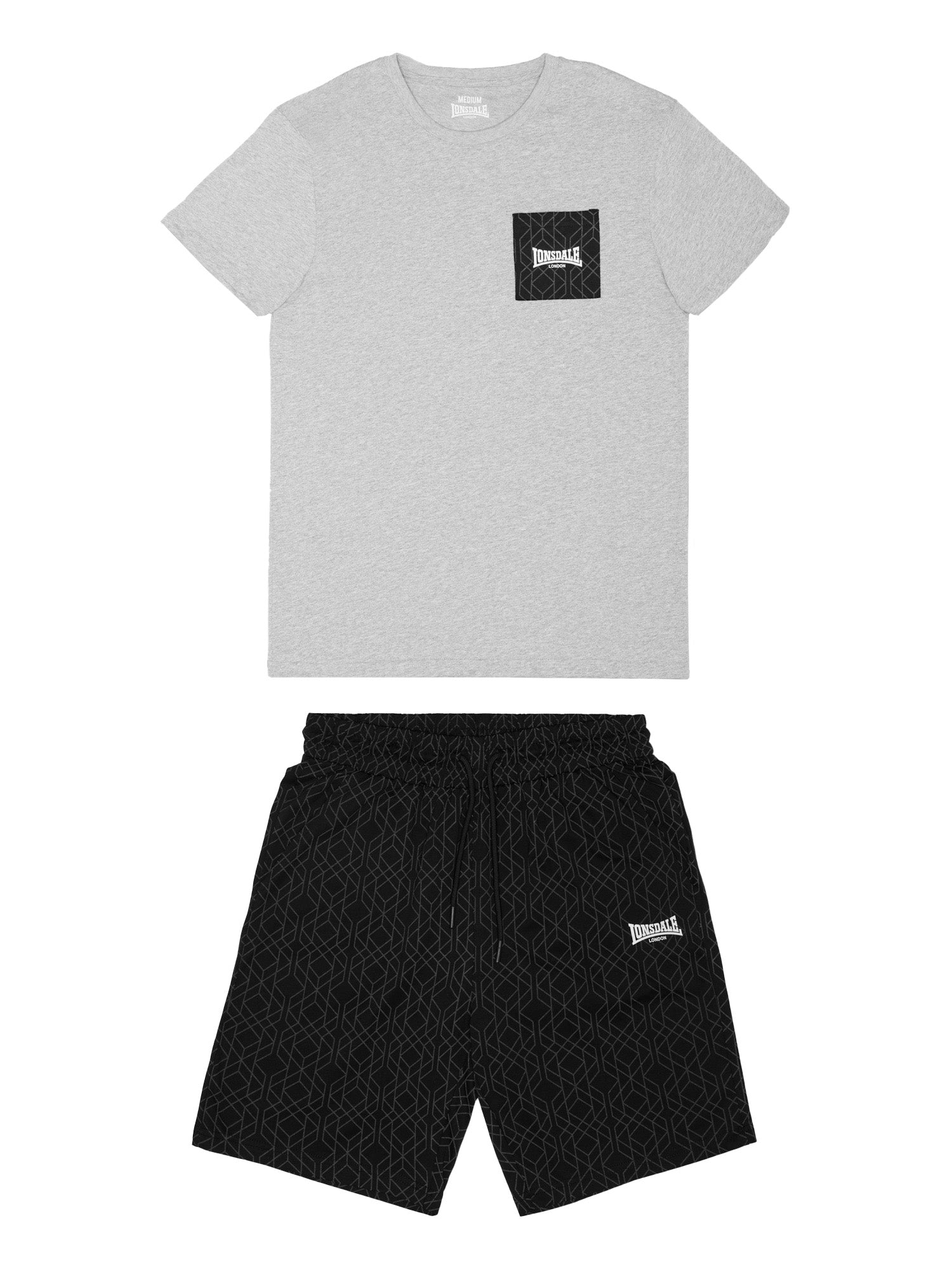 Lonsdale Set in Marl Grey: T-Shirt mit Logo-Brusttasche und gemusterte Shorts.
