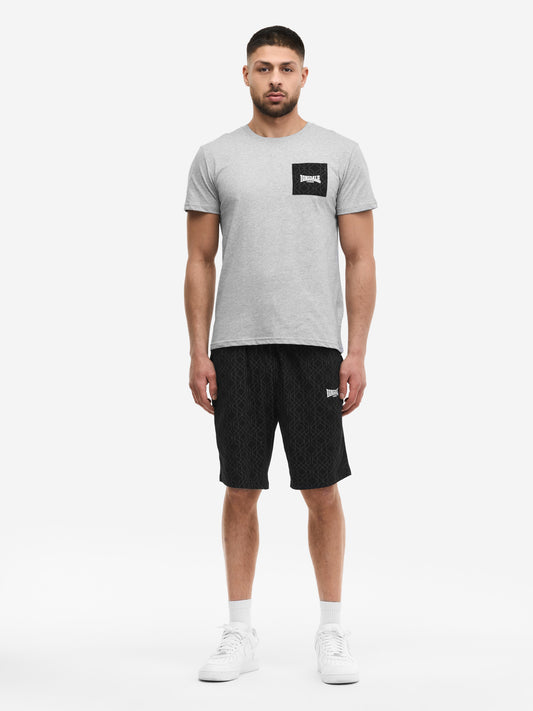  Lonsdale Set in Marl Grey: T-Shirt mit Logo-Brusttasche und gemusterte Shorts.