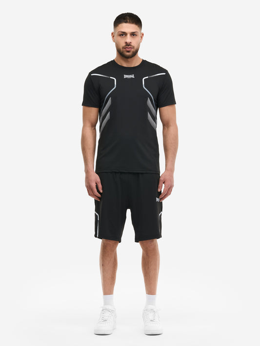 Schwarzes Lonsdale Herren Sport-Set aus Funktionsshirt und Shorts mit dynamischem Print, normale Passform
