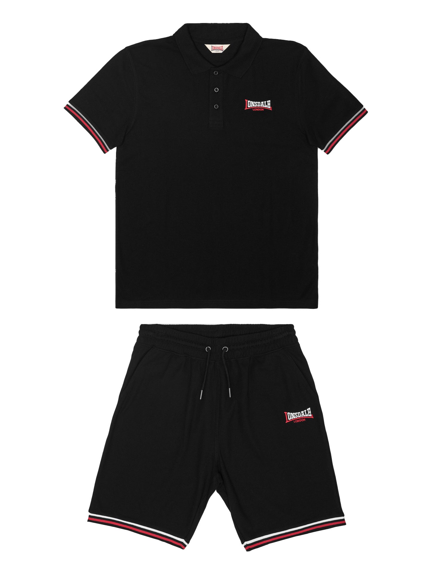 Schwarzes Lonsdale Herren-Set: Poloshirt aus Piqué und Jersey-Shorts, normale Passform, farblich abgesetzte Bündchen.
