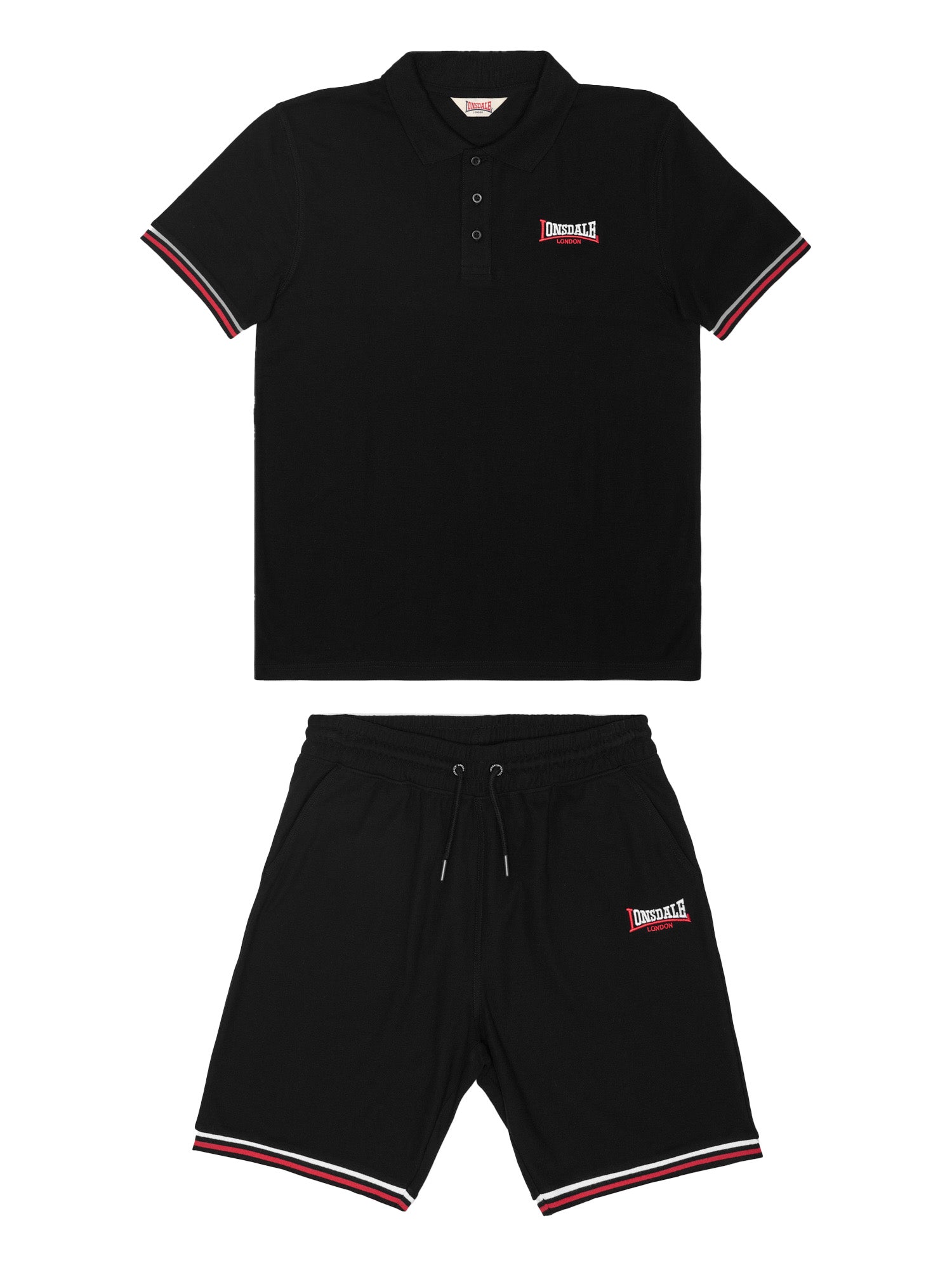 Schwarzes Lonsdale Herren-Set: Poloshirt aus Piqué und Jersey-Shorts, normale Passform, farblich abgesetzte Bündchen.