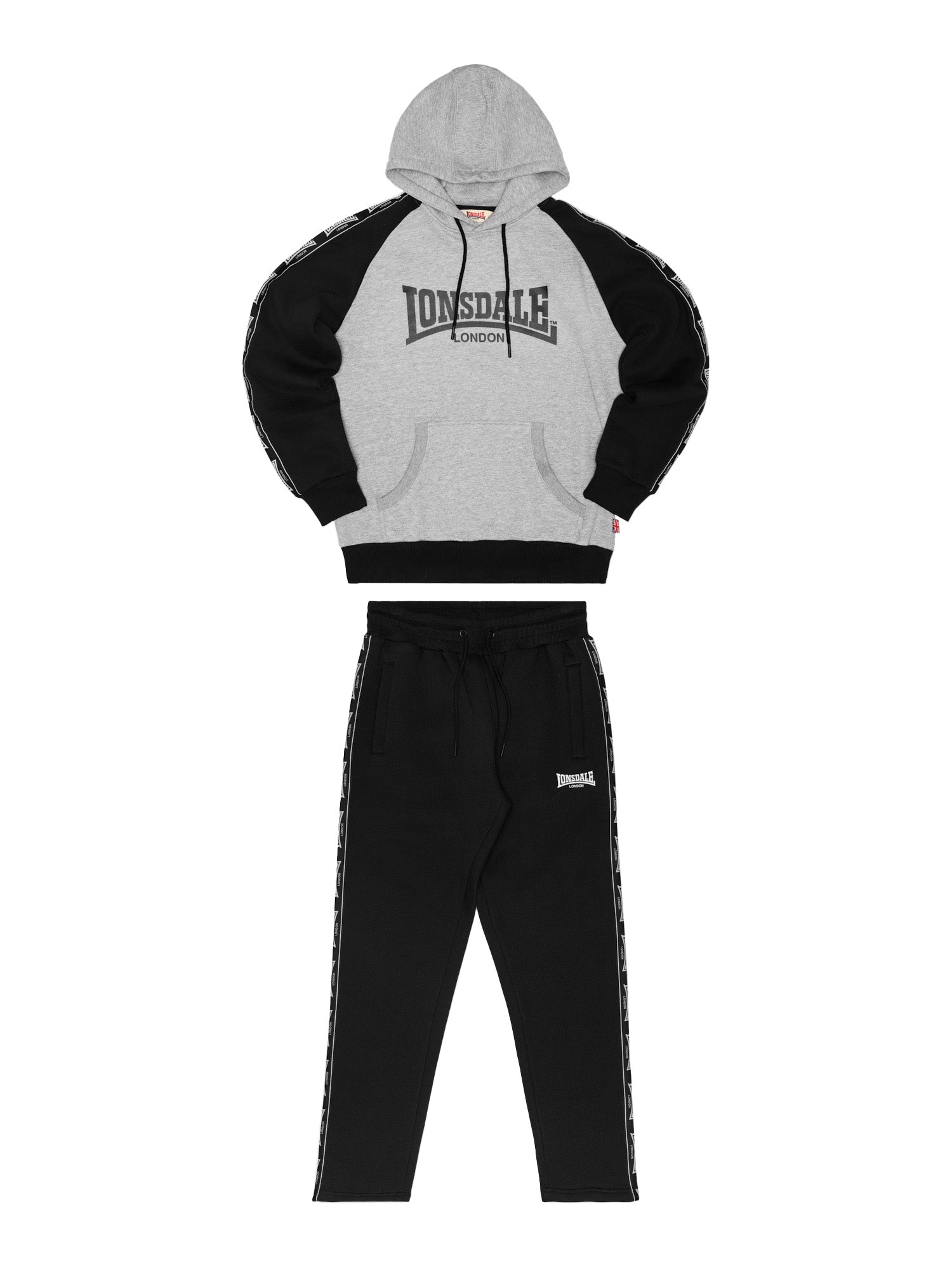 Schwarz-grauer Lonsdale Herren Jogginganzug: Kapuzensweatshirt mit Logo-Print und passender Hose, normale Passform.