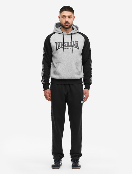 Schwarz-grauer Lonsdale Herren Jogginganzug: Kapuzensweatshirt mit Logo-Print und passender Hose, normale Passform.