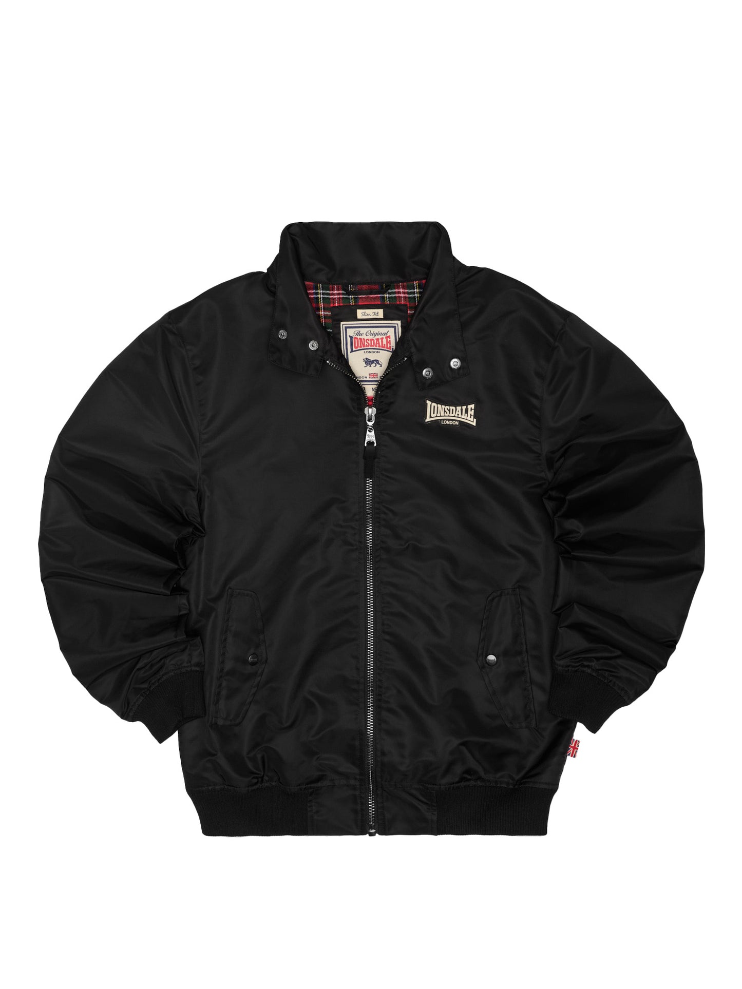 Lonsdale Herren Übergangsjacke in Schwarz, schmale Passform, mit Reissverschluss, Logo-Badge und Taschen mit Druckknopf.
