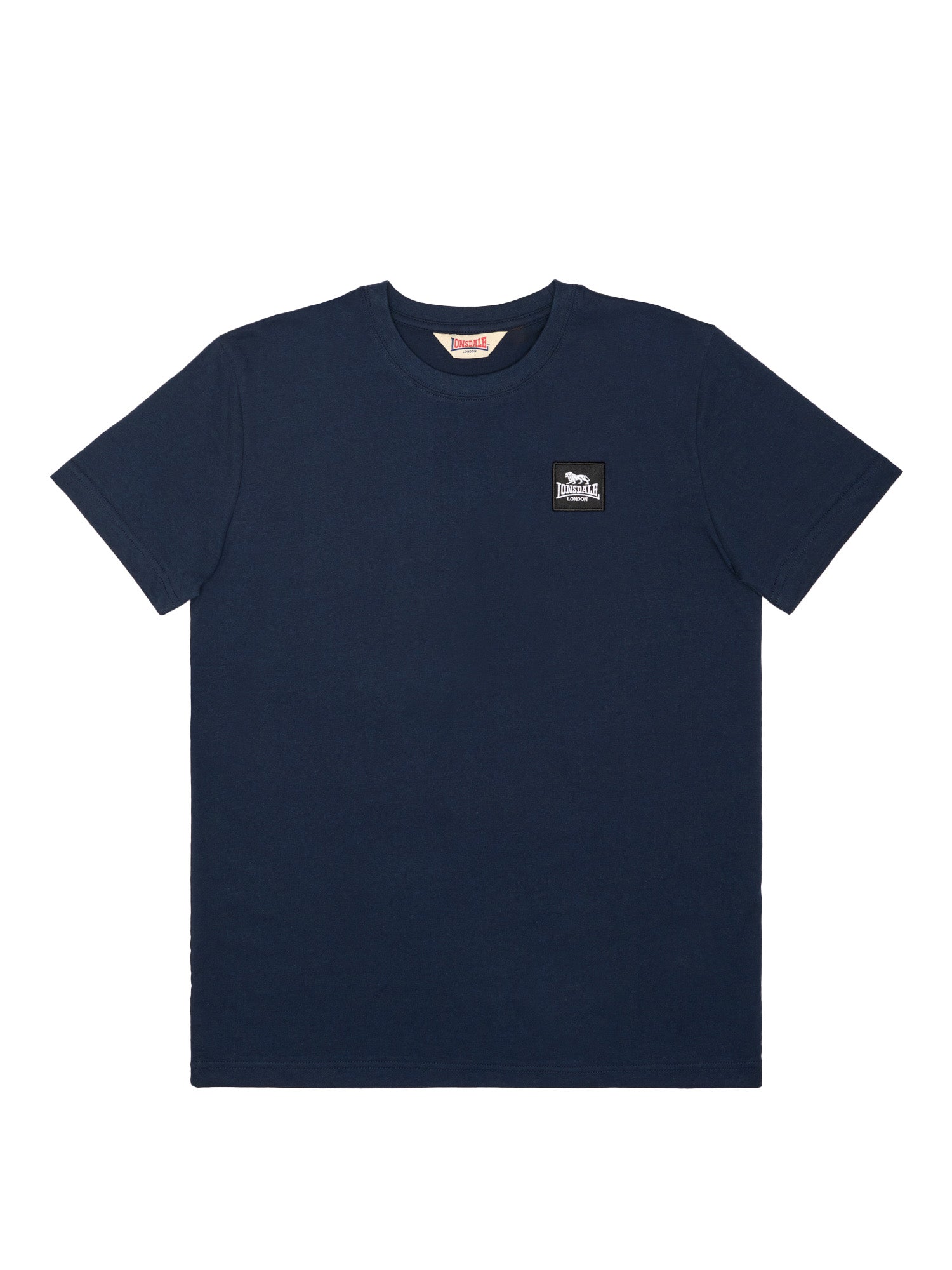 Dunkelblaues Lonsdale Herren T-Shirt in normaler Passform mit Rippbündchen am Rundhalsausschnitt und kleinem, quadratischem Logo-Patch auf der linken Brust.